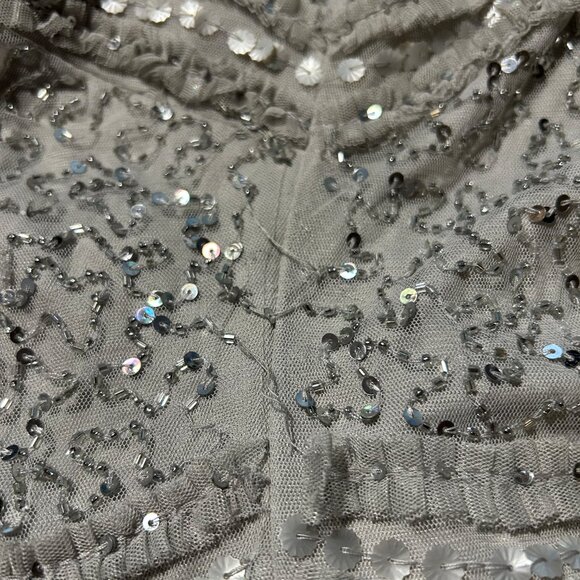 Womens Aidan Mattox Gray Silver Sequin Cap Sleeve Midi Sheath Pencil Dress 14 - Picture 15 of 16